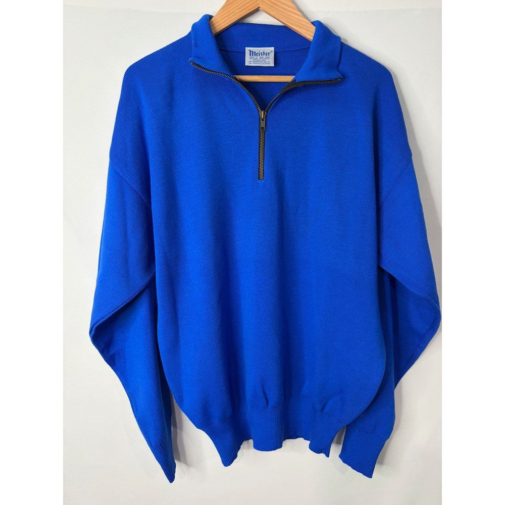 Vintage Meister Sweater Mens Medium Royal Blue Wool Blend Quarter Zip Pullover